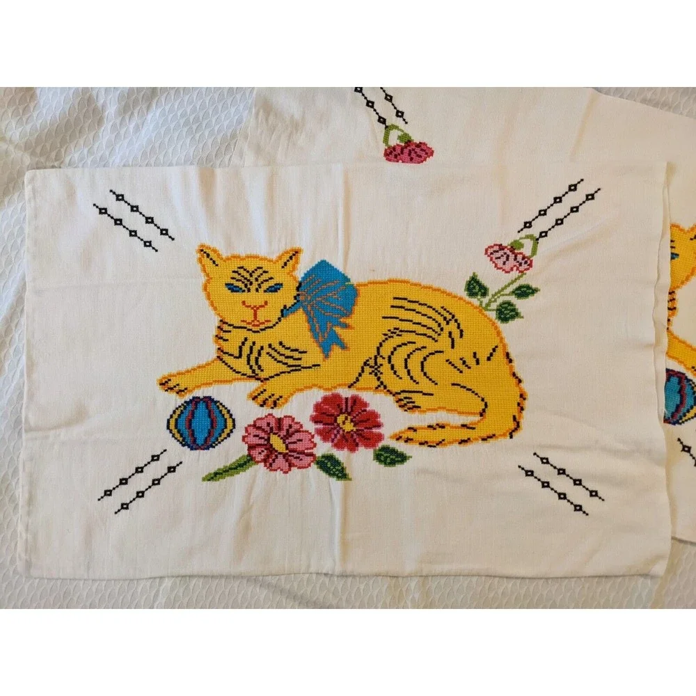 Vintage Mid-Century Needlepoint Cat & Flowers Pillowcases Handmade Pair Folk Art